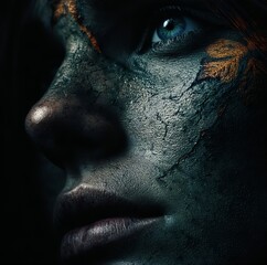 Fototapeta premium a female face in three-quarter profile. Skin shows raw, natural texture pores, fine cracks, subtle scars with cool teal and charcoal tones broken by faint glowing ember-orange veins beneath the skin. 
