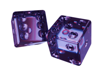 Pair of glossy, translucent dice rendered in vibrant purple and blue tones, featuring spherical pips. They reflect light dynamically, set against a transparent background