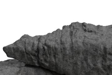 Close-up of a rugged, dark gray rock formation with a stark, jagged upper edge against a solid black void. Weathered texture and deep crevices visible