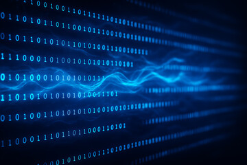 Blue digital binary background showing wave of electrical current symbolizing technology coding data transmission and internet information systems