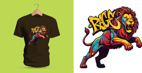 Fototapeta premium This vector T-shirt shows a charging lion paired with bold graffiti “Rage.” Explosive colors, sharp outlines, dripping accents, and dynamic movement create a fierce street-art composition full