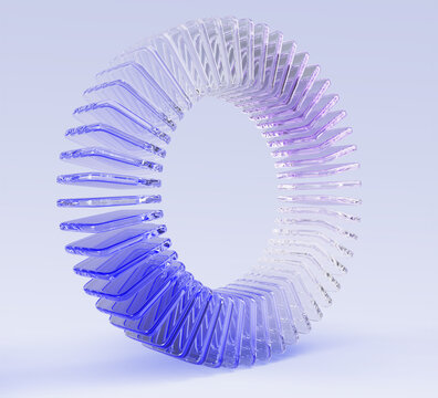 3d holographic glass circle array of transparent square plates with purple blue gradient. Abstract geometric ring, crystal round wheel or circular data graph, isolated graphic element. 3D illustration
