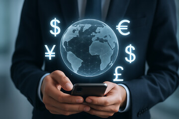 Businessman using smartphone for digital global currency exchange with glowing world map and international money symbols around the globe