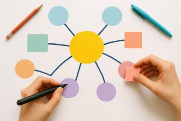 Creative mind map sketch with colorful shapes connecting central idea concept showing brainstorming workflow visualization