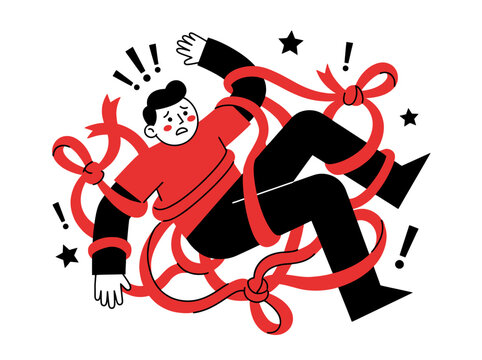 Vector illustration of a stressed person tangled in red ribbons, symbolizing overwhelming pressure, feeling trapped, and struggling with demanding obligations and deadlines