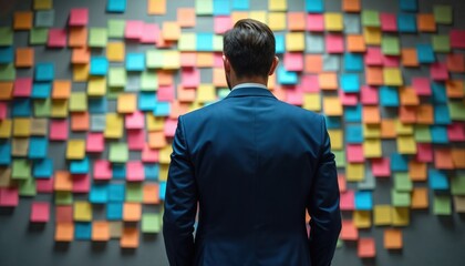 Businessman watches colorful sticky notes on wall. Back view of manager in suit looks at feedback stickers at company office. Brainstorming ideas. Man thinks, analyzing work tasks.