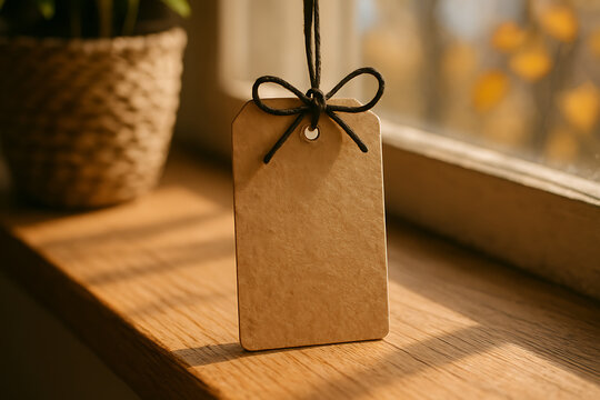 Minimal blank cardboard paper tag with string bow in warm natural light