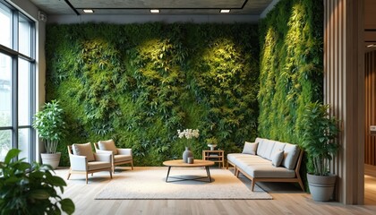 Modern office lounge area features large green wall with plants. Comfortable seating with sofa chairs and coffee table, large windows, and wooden accents create calm workspace.