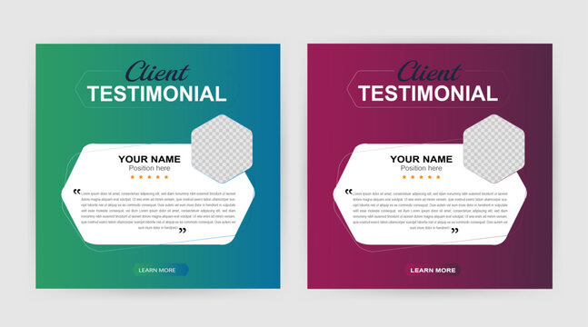 Professional Client Testimonial Social Media Template Bundle Featuring Modern Gradient Backgrounds, Geometric Hexagon Photo Frames, and 5-Star Rating Feedback Layout.