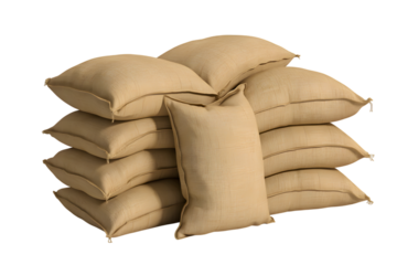 Pile of sandbags ready for disaster control . Isolated on transparent background, png