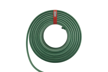 green water hose rolled up and banded . Isolated on transparent background, png