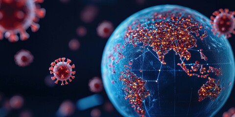 Vaccines virus distribution concept. Digital illustration of a globe surrounded by virus imagery.