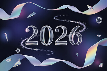 Gleaming 2026 numbers in iridescent glass, holographic ribbons, shimmering crystals, ethereal star trails, symbolizing new year, future, celebration. perfect for cards.