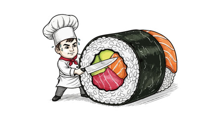 Tiny chef diligently slices a colossal sushi roll with focused determination and beads of sweat