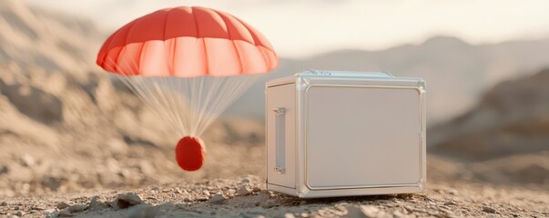 Vaccines virus distribution concept. Parachute delivering a metallic container in a desert landscape.