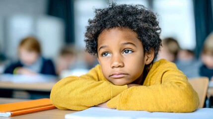 Young african american boy resting head on arms, feeling bored and sad during school class, looking away