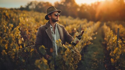 A man in a hat and sunglasses stands amidst a vineyard during sunset, holding a bottle of wine. The scene is bathed in the warm hues of the setting sun.