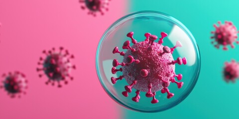 Vaccines virus distribution concept. 3D rendering of a virus in a colorful background.