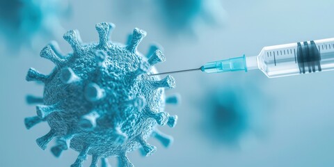 Vaccines virus distribution concept. Vaccine syringe approaching a virus particle in a scientific illustration.
