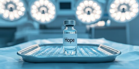 Vaccines virus distribution concept. Hope vial in an operating room with bright lights in the background.