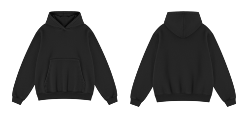 Blank Black Oversized Hoodie Mockup Front and Back Views on Transparent Background