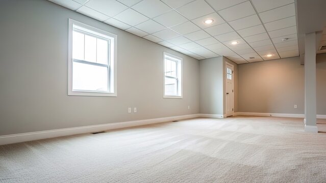 Spacious Empty Room with Beige Carpeting, Light Gray Walls, Two Windows for Natural Light, Drop Ceiling with Recessed Lighting, and White Door with Window