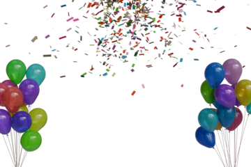 Vibrant confetti rains down over a transparent background, flanked by two cheerful bunches of colorful balloons, creating a lively celebratory scene