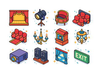 Theater Icon Collection. Theater Interior. Colorful isometric ve