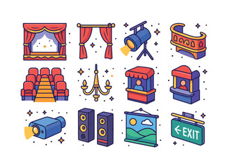 Theater Icon Collection. Theater Interior. Colorful isometric ve