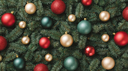 Christmas ornament pine branch red bauble green bauble gold bauble holiday decoration festive background evergreen seasonal decor shiny ball glitter ball tree decoration winter celebration