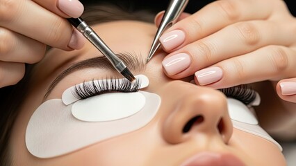 Close-up of a woman's eye receiving eyelash extensions, highlighting the delicate application process by a professional beautician