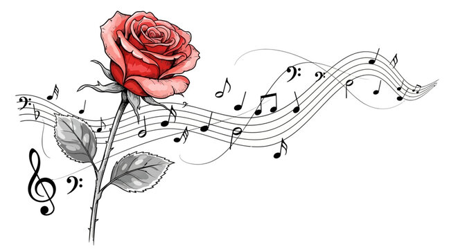 Romantic symphony: A blooming rose harmonizing with musical notes in artistic illustration