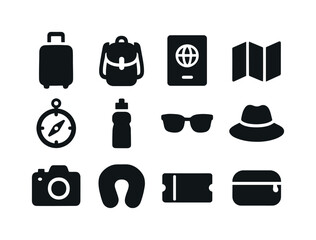 Travel Essentials Icons Set. Travel objects. Solid icon set of t