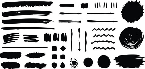 Various abstract hand-drawn black ink brush strokes and shapes collection