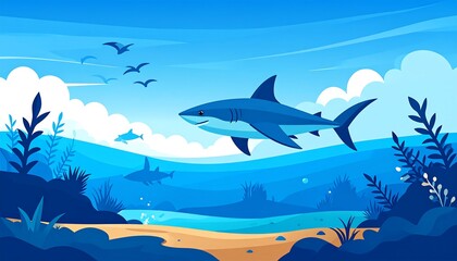 A vibrant ocean scene depicts sharks swimming in stylized blue water with a sandy shore, birds flying above