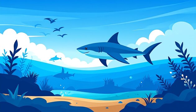 A vibrant ocean scene depicts sharks swimming in stylized blue water with a sandy shore, birds flying above