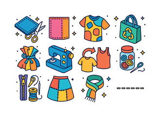 Upcycled Fashion Icons. upcycling fashion. Colorful isometric ve