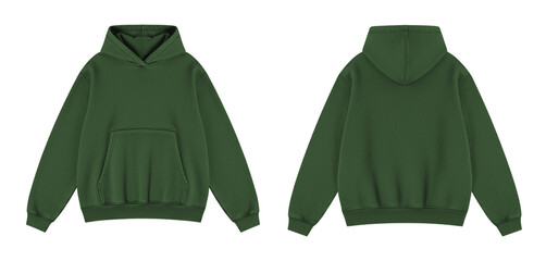 Blank Dark Green Oversized Hoodie Mockup Front and Back Views on Transparent © Drip