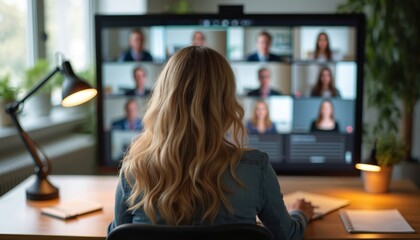 Woman attends hybrid meeting online seeing colleagues on screen. People connect via video call for remote work collaboration. Team discusses project on virtual conference platform. Modern business