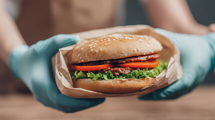 Close up shot of gloved hands gently offering warm burger with fresh lettuce and tomato in sesame seed bun, creating delicious and inviting meal experience