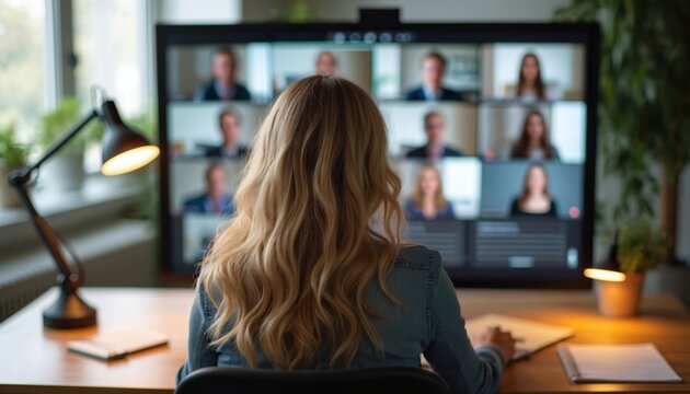 Woman attends hybrid meeting online seeing colleagues on screen. People connect via video call for remote work collaboration. Team discusses project on virtual conference platform. Modern business - Powered by Adobe