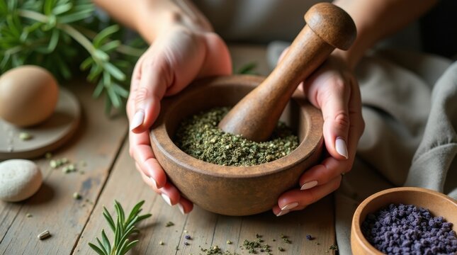 Manos de mujer moliendo hierbas secas con mortero preparando remedios naturales