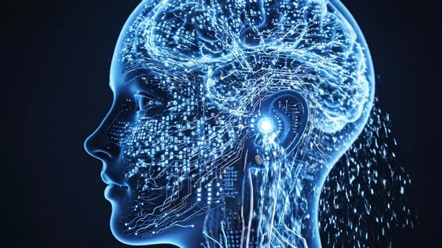 Close up of a Blue Digital Human Head with Intricate Circuitry profile translucent.