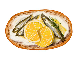 fresh fish with lemon Sardines, mackerel, breakfast, cafe breakfast, vintage, canned fish, isolated hand-drawn illustration on a transparent background.