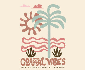 Naklejka premium Coastal vibes. Abstract palm tree and surfboard art. Summer good vibes vector graphic design for apparel, stickers, posters, background and others. Live in the sunshine.