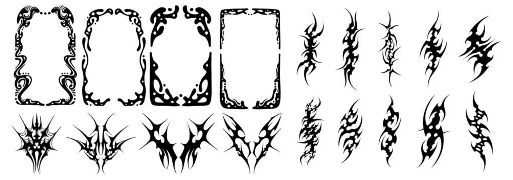 Set of tribal tattoos with frame and borders vector illustration