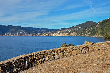 Panoramic view of Camogli and Punta Chiappa, in Liguria, Italy