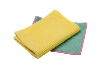 two folded microfiber cloths: clean and ready for use . Isolated on transparent background, png