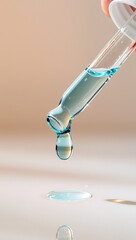 Glass Pipette with Blue Cosmetic Serum Drop on Minimal Background