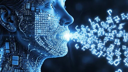 Digital Human Face Emitting Glowing Blue Data and Characters From Mouth artificial intelligence profile. - Powered by Adobe